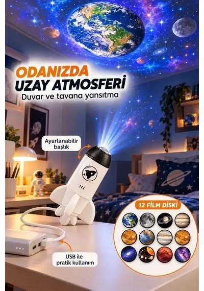 Ers 12 Film Diskli Roket Galaksi Projektörü Usb Tak Çalıştır Uzay Ve Gezegen Projeksiyon Gece Lambası