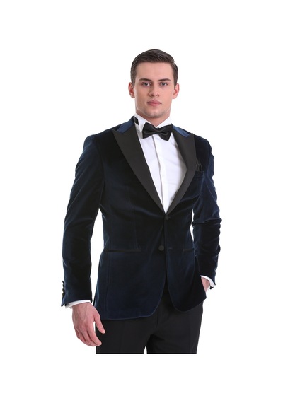 Hatemoğlu Lacivert Slim Fit Düz Sivri Yaka Kadife Klasik Smokin Damatlık 3 Lacivert