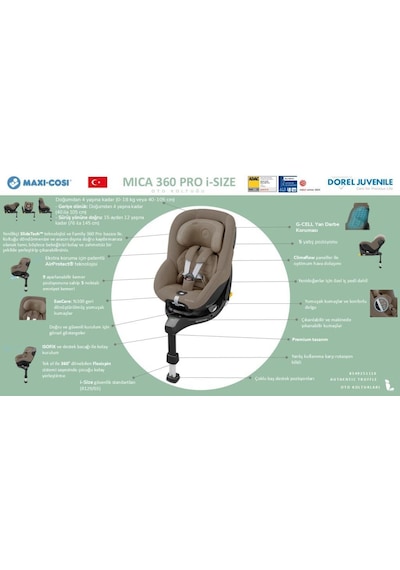 Maxi-Cosi Mica 360 Pro I-Size Dünyanın Ilk Kızaklı, Araç Dışına Çıkabilen Adac'lı Isofix'li 360 Dönebilir Yatabilir 0-18 kg Bebek Oto Koltuğu Authentic Truffle