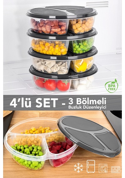 4 Adet Yuvarlak 3 Bölmeli Saklama Kabı - Mikrodalga Uyumlu Organizer Derin Dondurucu Erzak Kabı Gri