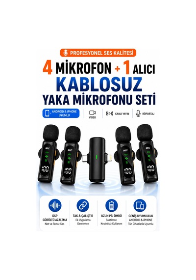 Yaka Mikrofonu Kablosuz 4 Adet Tüylü İphone Type-c Pc Tablet Video Kayıt Vlog Lightning Usb-c Çıkış Mikrofon