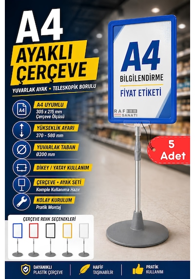 5 Adet - A4 Ayaklı Çerçeve Seti Yuvarlak Tabanlı Teleskopik Fiyat Etiketi Standı Mavi