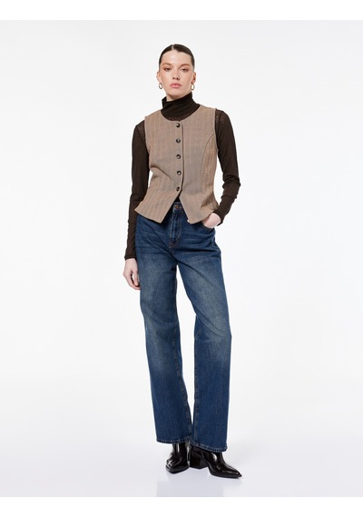 Koton Slim Fit Bisiklet Yaka Düğmeli Desenli Yelek Bej 6wak30111ek Ekru