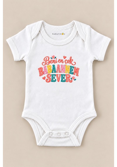 Babylimon Beni En Çok Babaannem Sever Beyaz Kısa Kollu Çıtçıtlı Bebek Zıbını Beyaz - 930083803 Beyaz