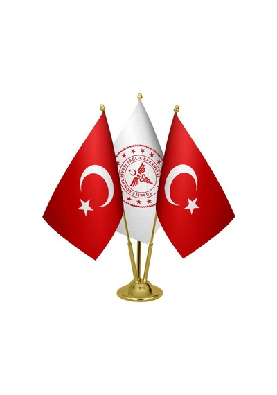 Masa Üstü Sağlık Bakanlığı Bayrağı Türk Bayrağı Üçlü Pirinç Direk