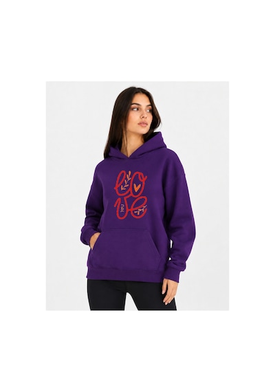 Herkesemoda Love Yazı Baskılı Kapüşonlu 2 İplik Şardonlu Sweatshirt Mor