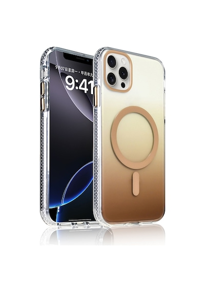 Zore İphone 14 Pro Max Kılıf M-safe Şarj Özellikli Transparan Renk Geçişli Nvth Toros Kapak - Gold Altın