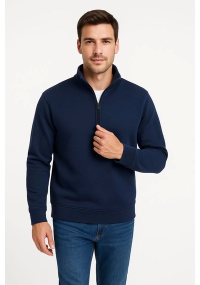 Cvs Giyim Erkek Dik Yaka Sweatshirt Dik Yaka Yarım Fermuarlı 3 İplik Şardonlu Pamuk Kumaş - Lacivert Lacivert