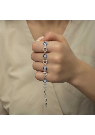 Gümüş Kalpli Nazar Bayan Bileklik Gümüş - Rose Gold