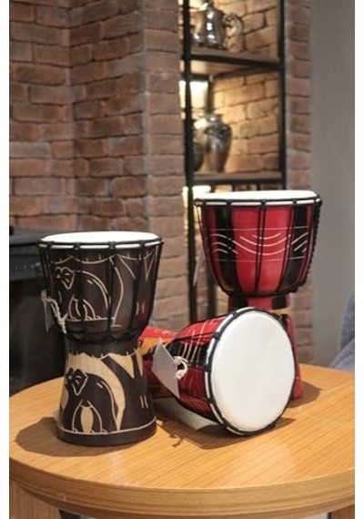 Ahşap Djembe, 25 Cm, Mahoni Ağacı Ve Keçi Derisi, Otantik El Yapımı Bali Davul, Fil Figürlü,