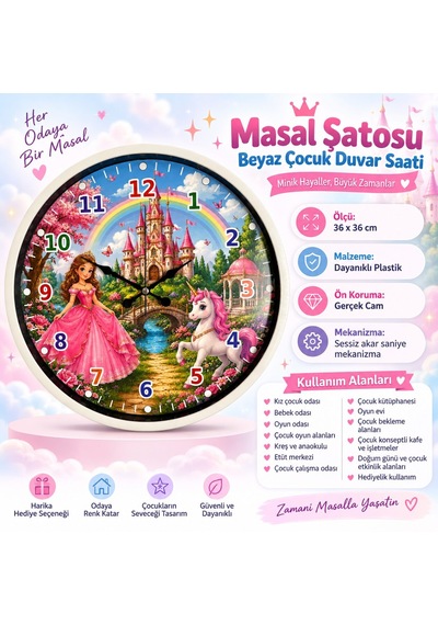 Masal Şatosu Beyaz 36 X 36 Cm Duvar Saati