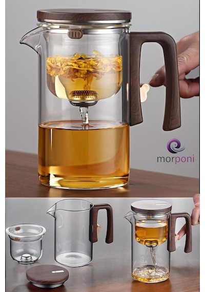 Morponi Borosilikat Cam Ahşap Kapak Ve Sap Detaylı Mıknatıs Özellikli Lüks Bitki Çayı Demliği 520 Ml Şeffaf