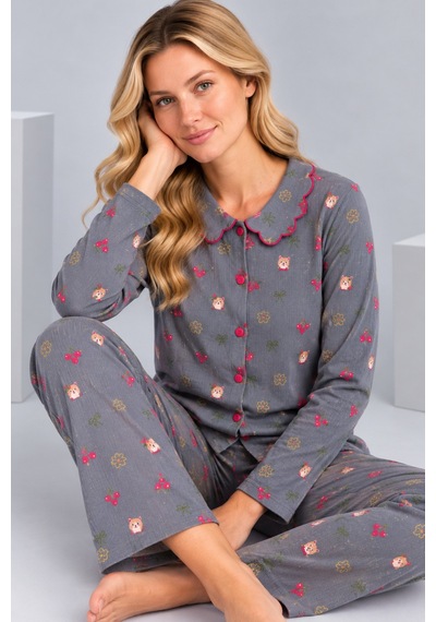 Pijamask Kadın Çiçek Desenli Bebe Yaka Düğmeli Uzun Kollu Müslin Pijama Takımı Antrasit Pijamask Kadın Çiçek Desenli Bebe Yaka Düğmeli Uzun Kollu Müslin Pijama Takımı Antrasit