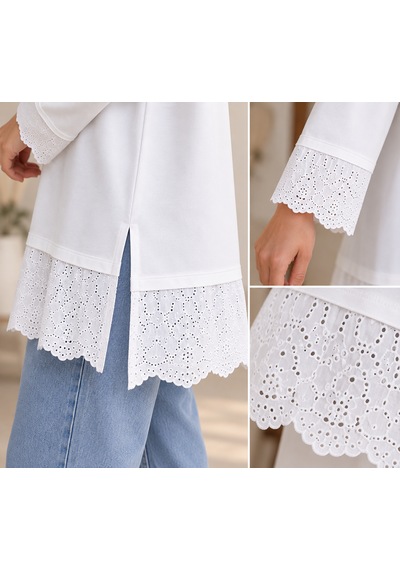 Aymiraa Kadın Dantel Detaylı Uzun Tunik Tesettür Sweatshirt Bisiklet Yaka Rahat Kesim Beyaz