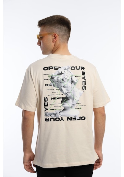 Erkek Oversize Fit Open Your Eyes Baskılı Tişört Ekru