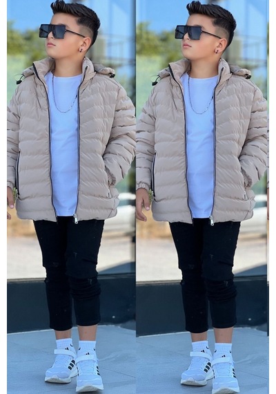 Pina Kids Erkek Çocuk Çıkarılabilir Kapüşonlu Sık Dikişli Nova Kumaş Kışlık Şişme Mont Km4016 Bej