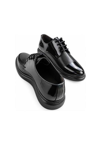 Yalçın Shoes Erkek Siyah Parlak Suni Deri Bağcıklı Klasik Ayakkabı Dokulu Ön Yüzey, Kalın Taban Damatlık Ayakkabı Siyah - 933647984 Siyah
