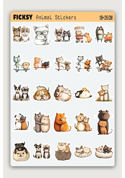 Sevimli Kedi Ve Köpek Sticker Seti - 50 Adet Etiket Çıkartma Diğer