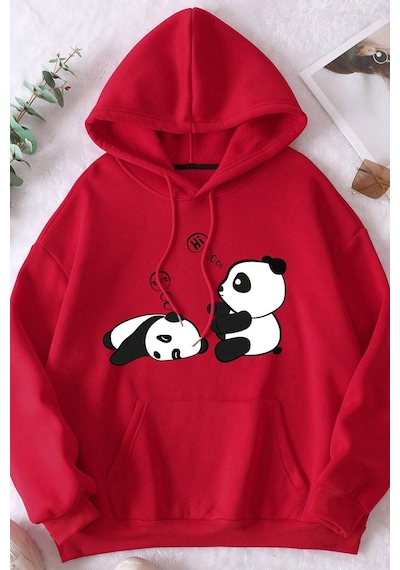 Unisex Panda Baskılı Oversize Sweatshirt Kırmızı