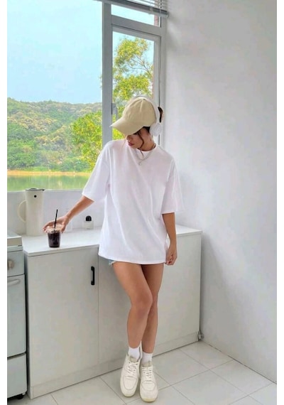Tarzsokak Kadın Oversize Kısa Kolu Salaş Tok Yazlık Beyaz