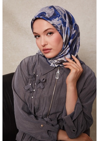 Levidor Desenli Twill İpek Eşarp-0918 İndigo