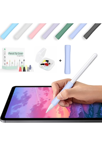 Apple Pencil 1-2 Nesil Pro Usb-c Uyumlu Soft Yumuşak Silikon Kalem Tutucu Ve 8'li Kalem Ucu Koruyucu Lila