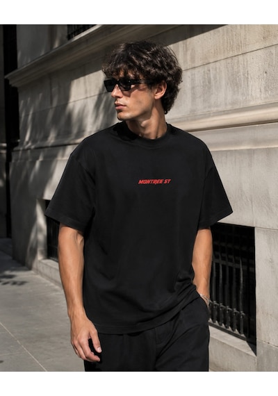 Montree Rockers Baskılı Oversize %100 Pamuk Premium Tişört Siyah