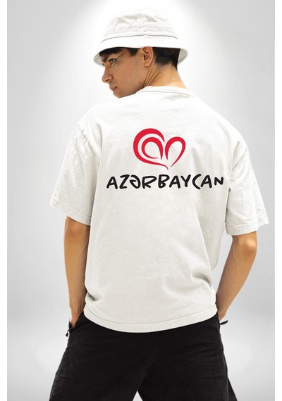 Azerbaycan Seviyorum I Love Azarbaycan Beyaz Oversize Unisex Ön Ve Sırt Baskılı Tişört Beyaz