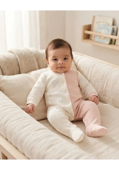 Genel Markalar Unisex Bebek Pudra Tırmanan Tavşan Detaylı Kadife Patikli Tulum