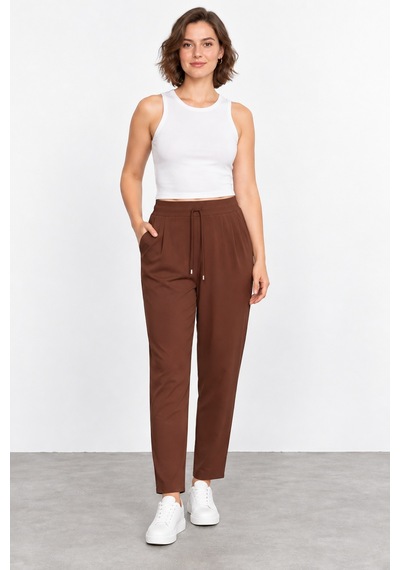 Bihan Store Kadın Beli Lastikli Bağcıklı Viskoz Pantolon W27-1324 - Kahverengi