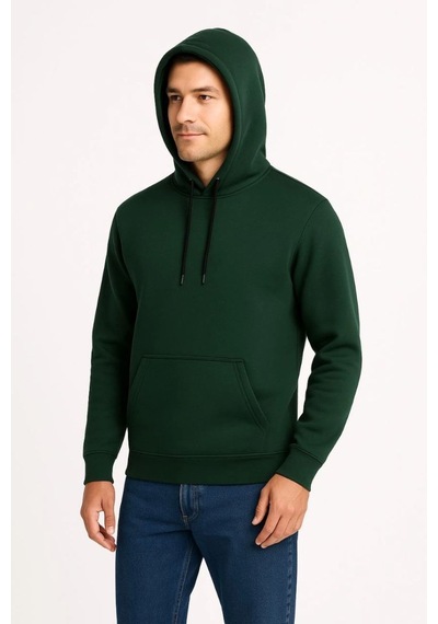 Erkek 3 İplik Pamuklu Kapüşonlu Kanguru Cepli Sweatshirt Hoodie - Haki