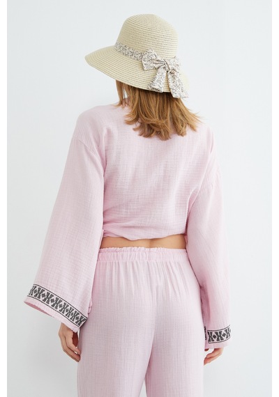 Fullamoda Yakası Ve Kolu Nakışlı Bağlamalı Kimono Pembe