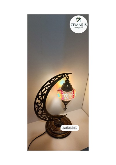 El Yapımı Otantik Mozaik Hilal Masa Lambası Abajur Kırmızı - 719078231 Kırmızı