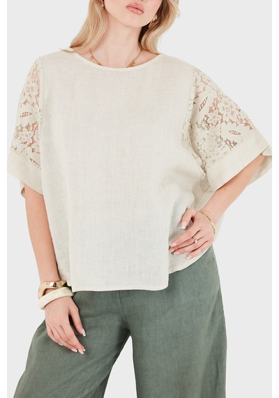Via Dante Relaxed Fit Dantel Detaylı Keten Bluz Bayan Bluz 7222l Bej