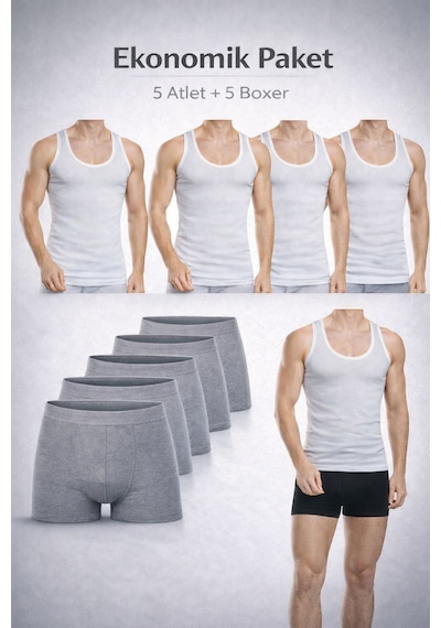 Qulat Erkek Atlet Boxer Seti 10 Lu Ekonomik Paket 5 Atlet + 5 Boxer Pamuklu İç Giyim Beyaz - Gri