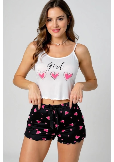 Femina Trendy Kalp Desenli Askılı Şortlu Pijama Takımı Çok Renkli