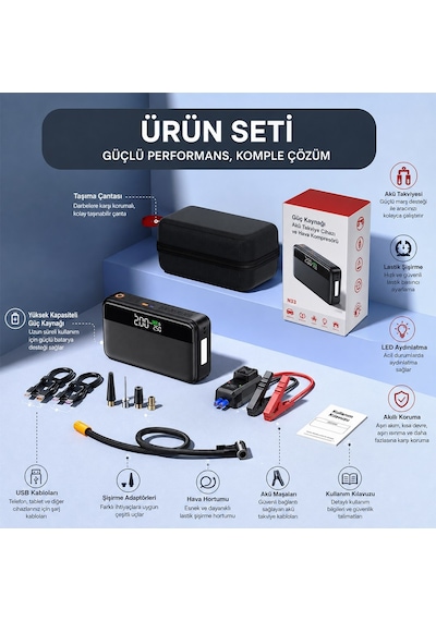 Powermaster N33 Lastik Hava Kompresörlü Akü Takviye Cihazı 65w Fast Powerbank