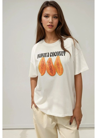Hiccup Kadın %100 Pamuk Bisiklet Yaka Oversize Beyaz Baskılı T-shirt Balkabağı Portakalı