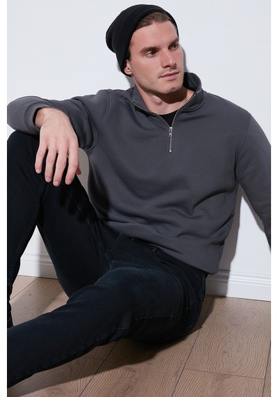 Buratti Pamuklu Regular Fit Yarım Fermuarlı Dik Yaka Erkek Sweat 59052592 Antrasit