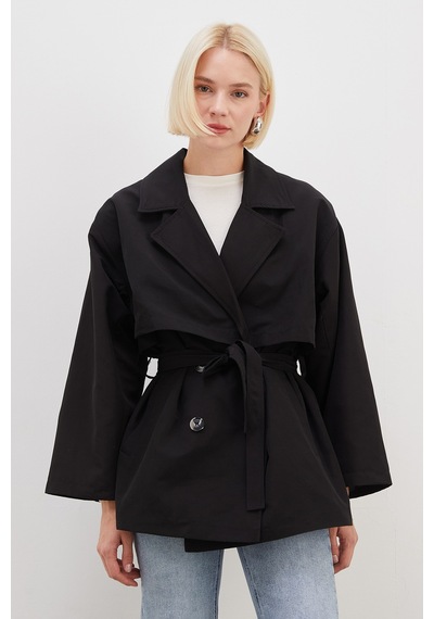 Fullamoda Pelerinli Kuşaklı Geniş Kol Oversize Trençkot Siyah