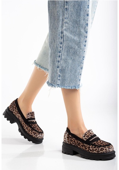 Aymood 746-759 Leopar Günlük Yüksek Tabanlı Loafer Ayakkabı Kahverengi