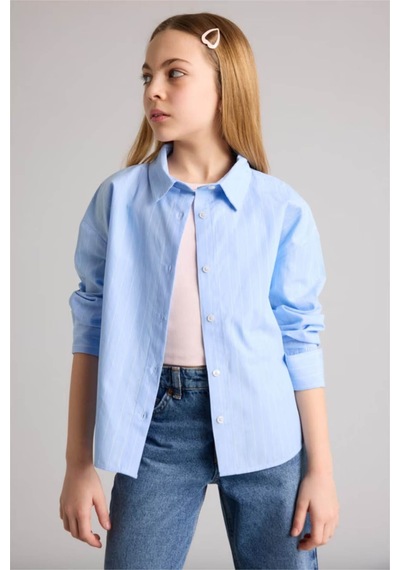 Defacto Poplin Gömlek Kız Çocuk H0578a826smbe216 Mavi-be216