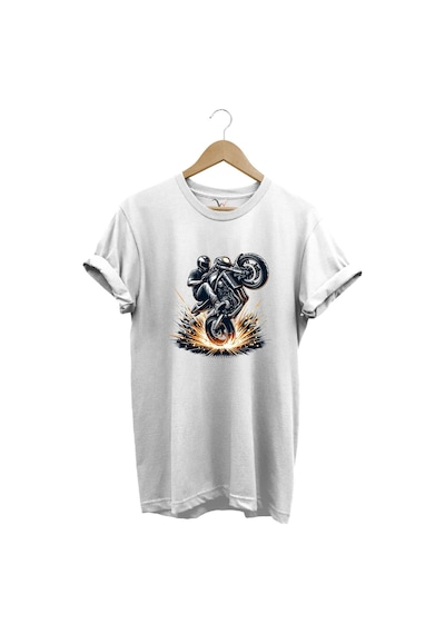 Racing Motosiklet Baskılı Ön Kaldıran Motorcu %100 Pamuk Regular Fit Unisex T-shirt Beyaz