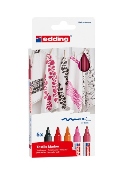 4500 Tekstil Kalemi - Siyah, 2x Kırmızı, Turuncu, Pembe - 5'li Set - 2-3 Mm Yuvarlak Uç 3 Siyah+2 Mavi+ 1 Kırmızı+ 1 Yeşil