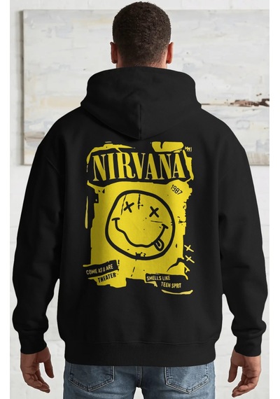 Sevbano Nirvana Rock Metal Müzik Grubu Sırt Baskılı Unisex Oversize Penye Siyah