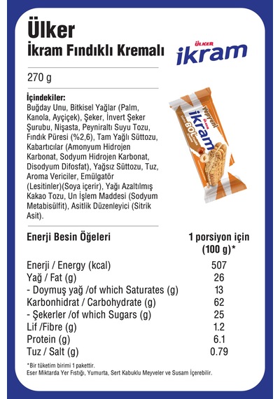 İkram Fındık Kremalı Bisküvi - 3'lü Paket - 270 Gram - 12 Adet