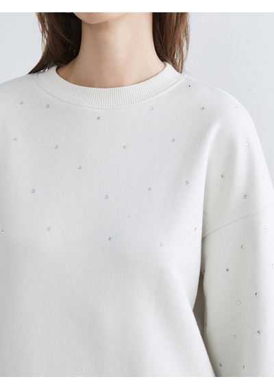 Lcw Vision Bej Bisiklet Yaka Taşlı Oversize Kadın Sweatshirt