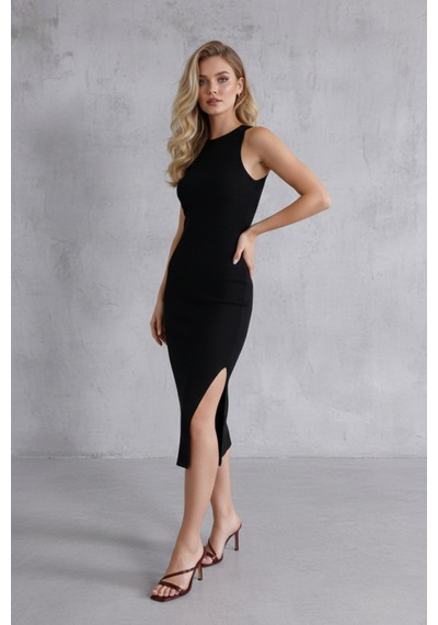 Defymoda Kadın Siyah Halter Yaka Yırtmaçlı Pamuklu Fitilli Likralı Kaşkorse Slim Fit Midi Elbise Siyah