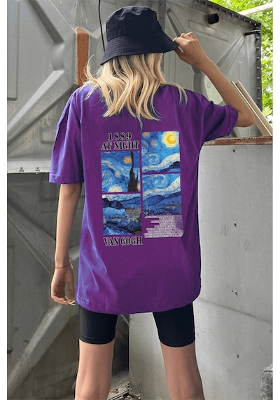 Uyguntarz Unisex Van Gogh Baskılı Oversize Tshirt Mor