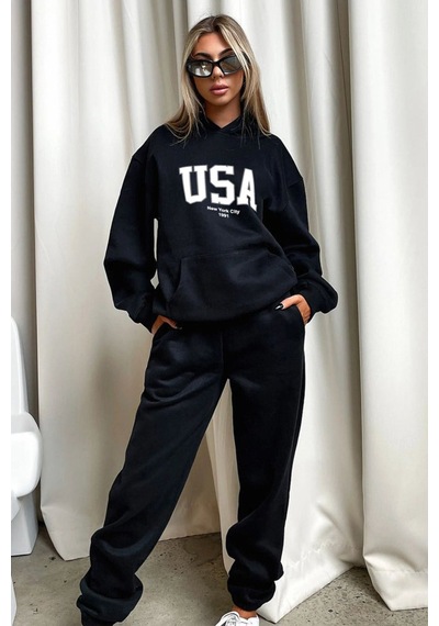 Usa Eşofman Takımı Sweatshirt Jogger - Siyah Baskılı Oversize Şardonlu Kapüşonlu Siyah